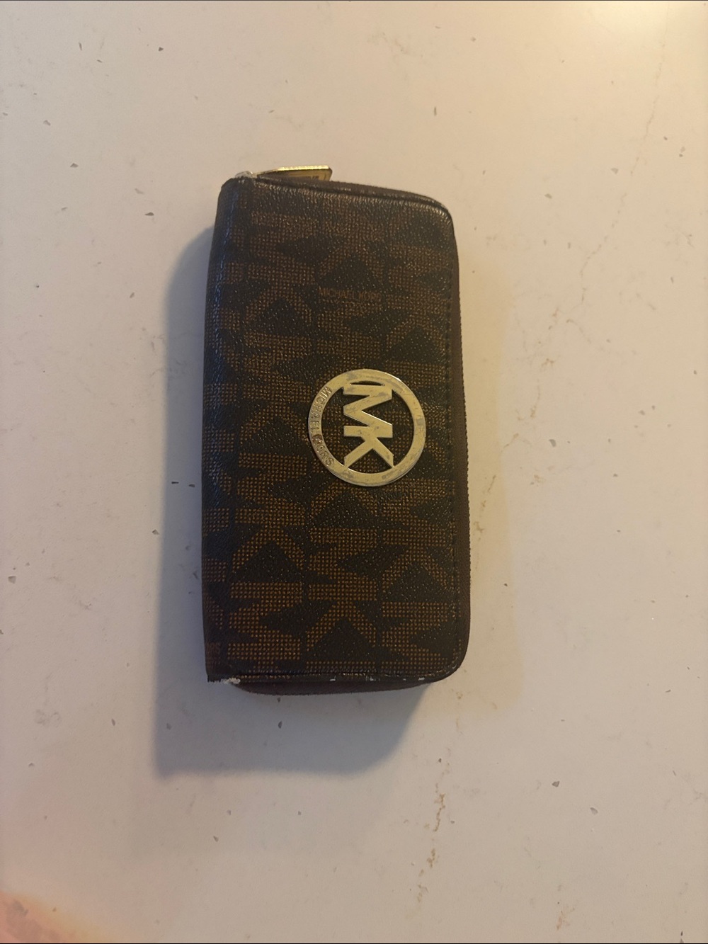 Michael Kors Brown Monogram Zip Card Holder with Gold MK Emblem